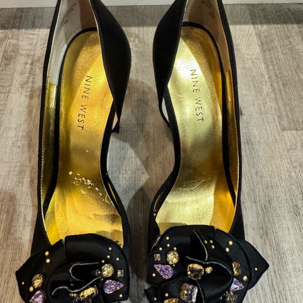 Nine West Black Heels with Gold Interior and Embellishments